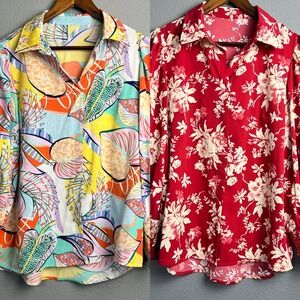 Wearable Art Floral Blouse Long SL Smocked Cuff‎ Collared Top Colorful Pattern S